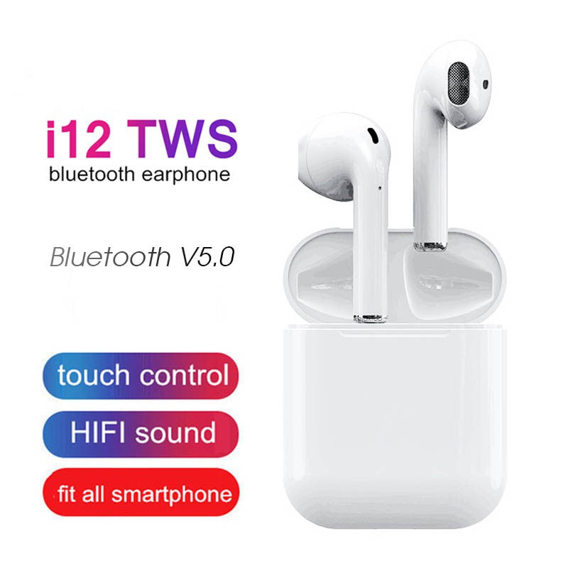 TWS I12 Airpods with Super Sound & High Quality Touch Sensors True Stereo Headphones with Built in Mic 10m Transmission Bluetooth Wireless Earbuds , Chargng Case Sport Headset for all Bluetooth Smart devices.