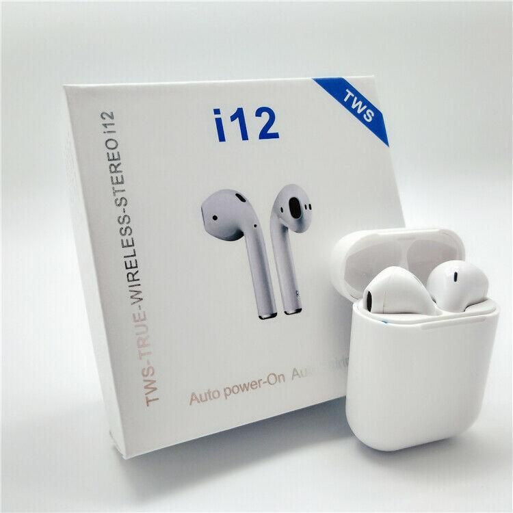 TWS I12 Airpods with Super Sound & High Quality Touch Sensors True Stereo Headphones with Built in Mic 10m Transmission Bluetooth Wireless Earbuds , Chargng Case Sport Headset for all Bluetooth Smart devices.